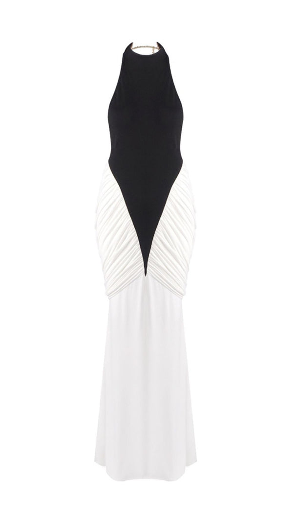 AIIZIE ITZEL BLACK & WHITE HALTER BACKLESS MAXI DRESS - RUCHED GALA GOWN - product image