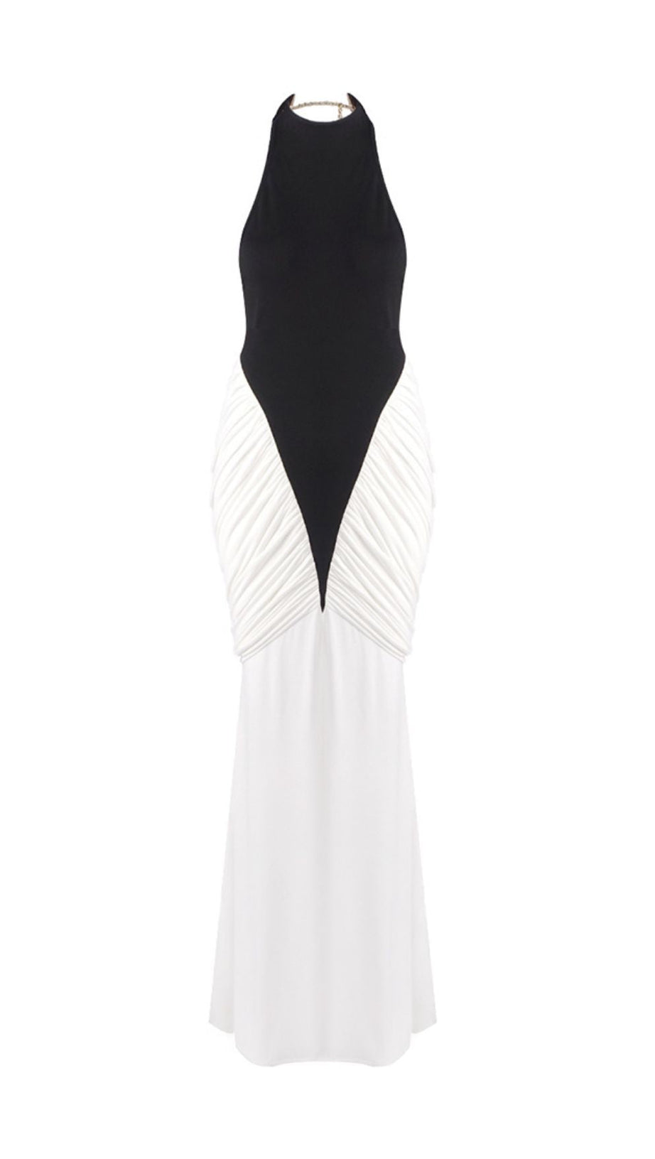 ITZEL BLACK & WHITE HALTER BACKLESS MAXI DRESS - RUCHED GALA GOWN