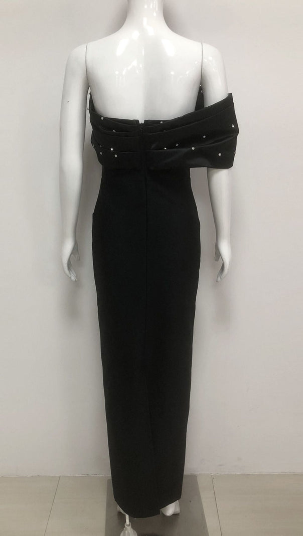AIIZIE Ilia Black Embellished Off-Shoulder Bandage Maxi Gown | Red Carpet Glamour - product image