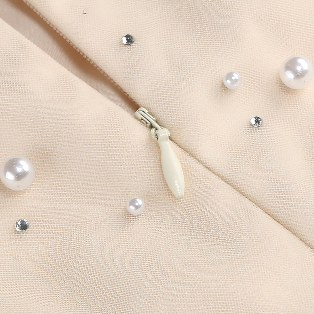 OFF-SHOULDER WAISTED PEARL EMBELLISHED FISHTAIL DRESS