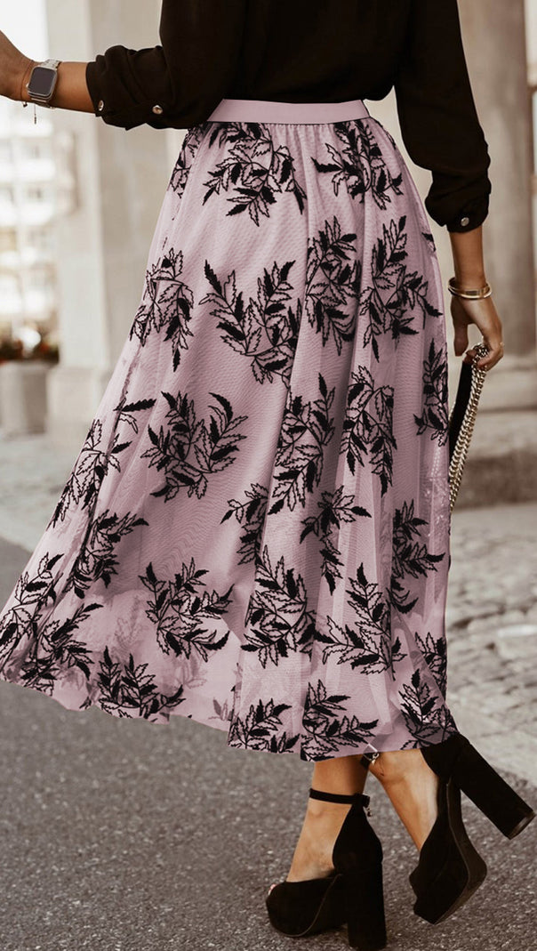AIIZIE APRICOT FLORAL LEAVES EMBROIDERED HIGH WAIST MAXI SKIRT - product image