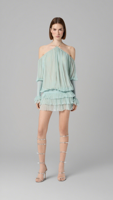 HALTER PLEATED RUFFLE MINI DRESS IN GREEN