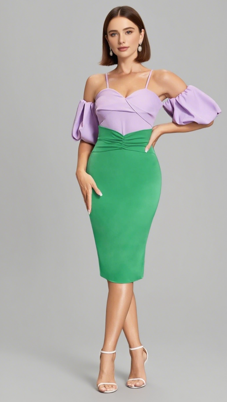 TWO - TONE PUFF - SLEEVE MIDI DRESS IN LAVENDER GREEN