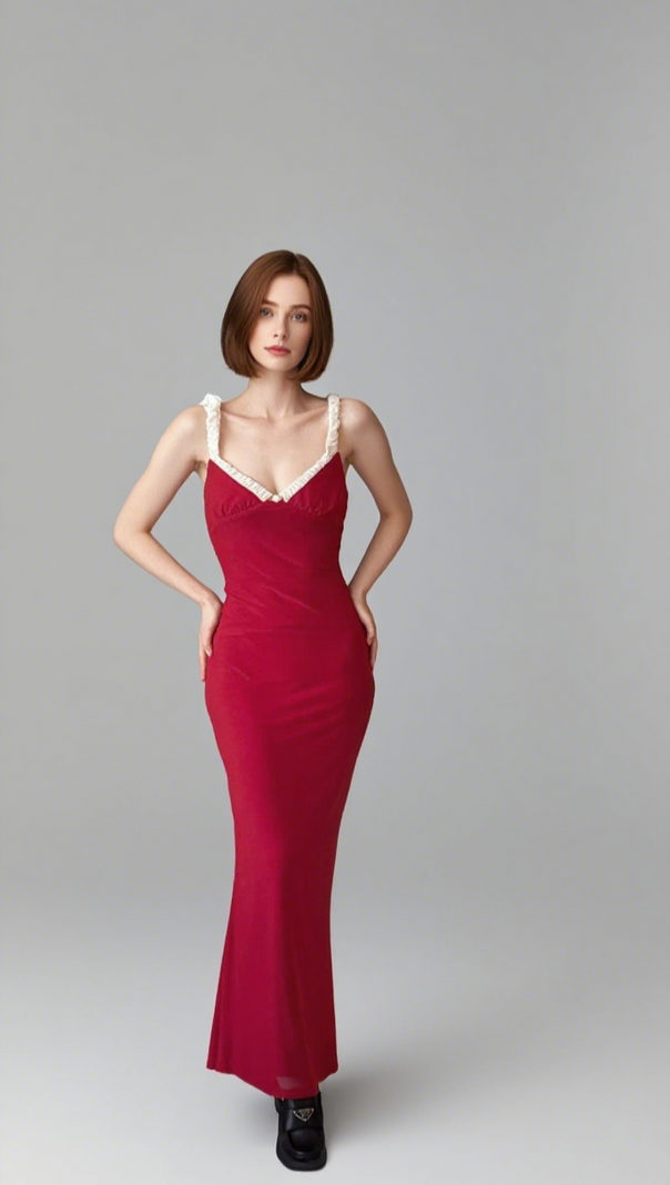 AIIZIE RED BUSTIER MAXI DRESS WITH A V-NECKLINE - product image
