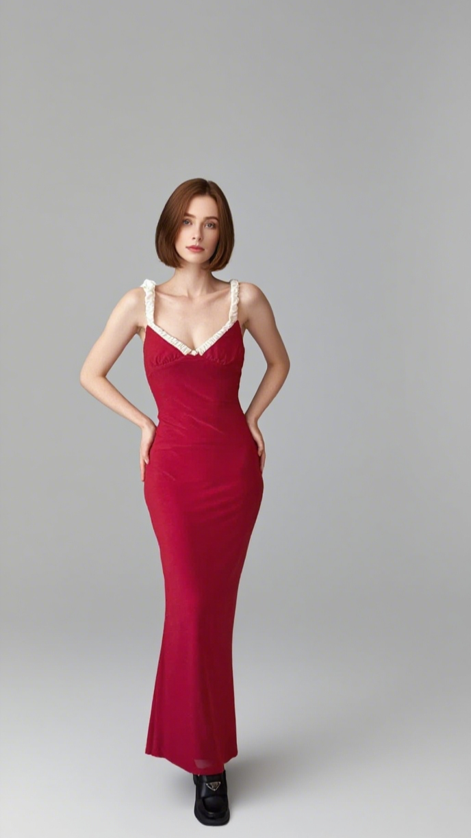 ABITO LUNGO BUSTIER ROSSO CON SCOLLO A V