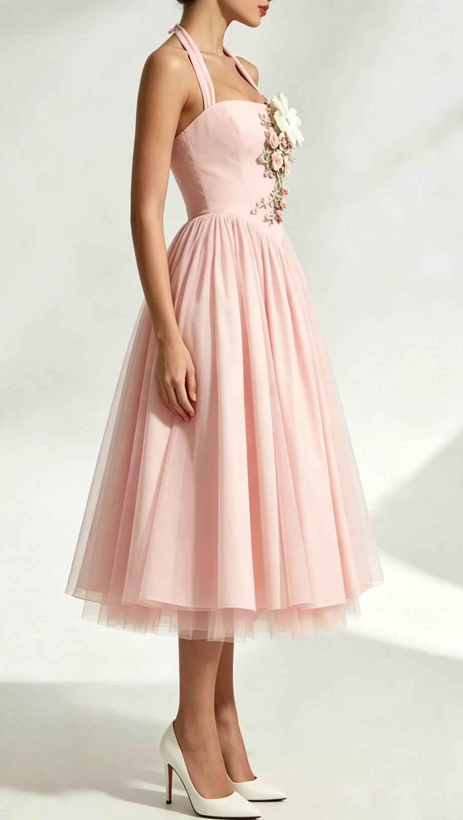Flower Embroidery Cressida backless puffy Midi Dress - Blush