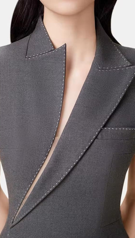 ASYMMETRIC COLLAR BLAZER MIDI DRESS IN GREY