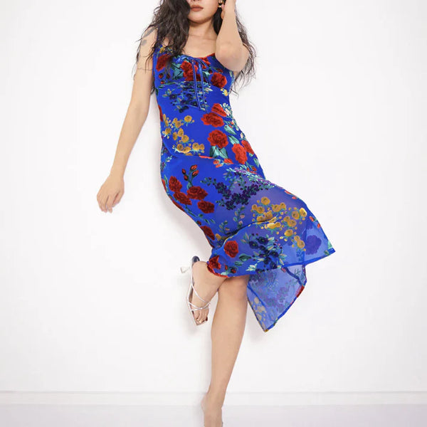 MARGARET FLORAL VELVET STRETCH-WOVEN MIDI DRESS IN KLEIN BLUE