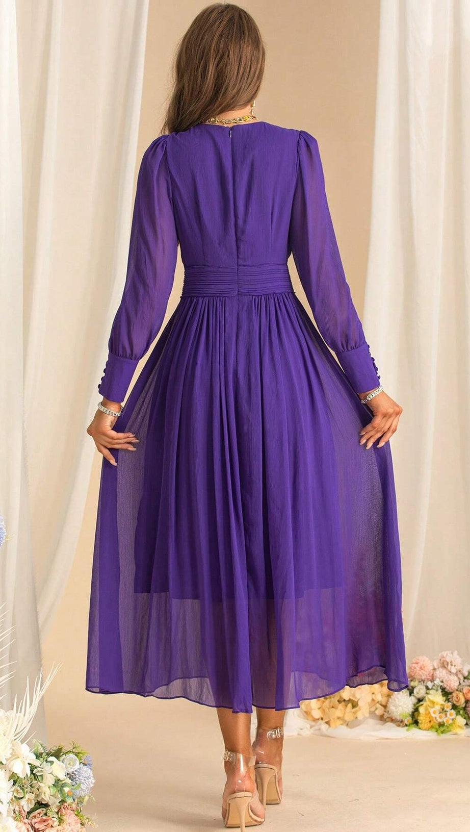 THREE-DIMENSIONAL FLOWER V-NECK PURPLE CHIFFON MAXI DRESS