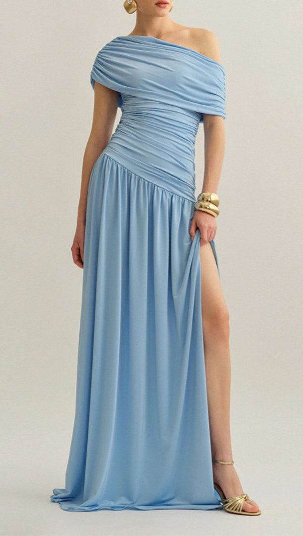 Josefa Sky Blue Ruched Off-Shoulder Maxi Dress with High Slit