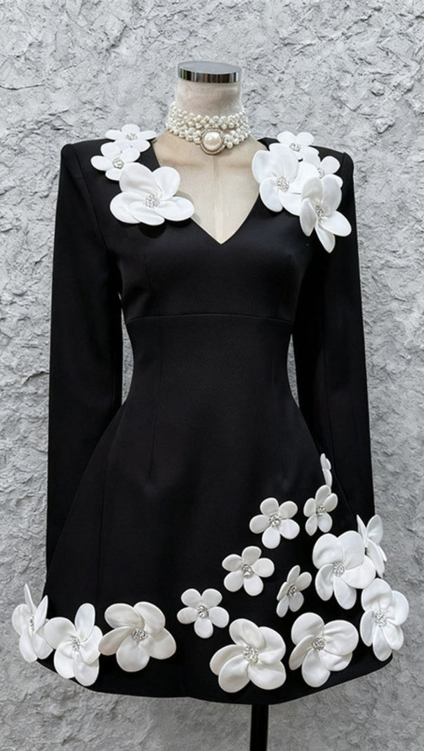 AIIZIE Janelle Chic Black Floral Long Sleeve Mini Dress with 3D Embellishments - product image
