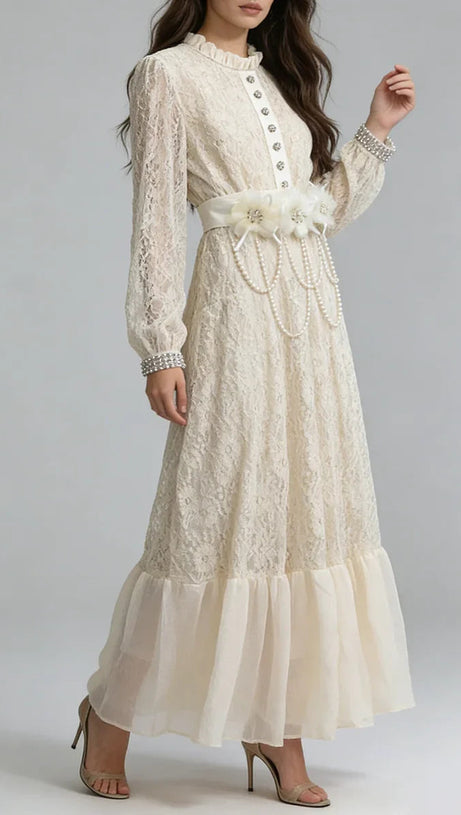 deborah 3D floral tulle lace maxi dress in white