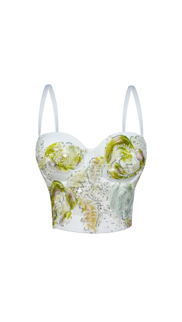 AIIZIE HAZINA FLORAL SEQUIN & PEARL EMBROIDERED BUSTIER CROP TOP - DAZZLING PARTY & FESTIVAL GLAM - product image