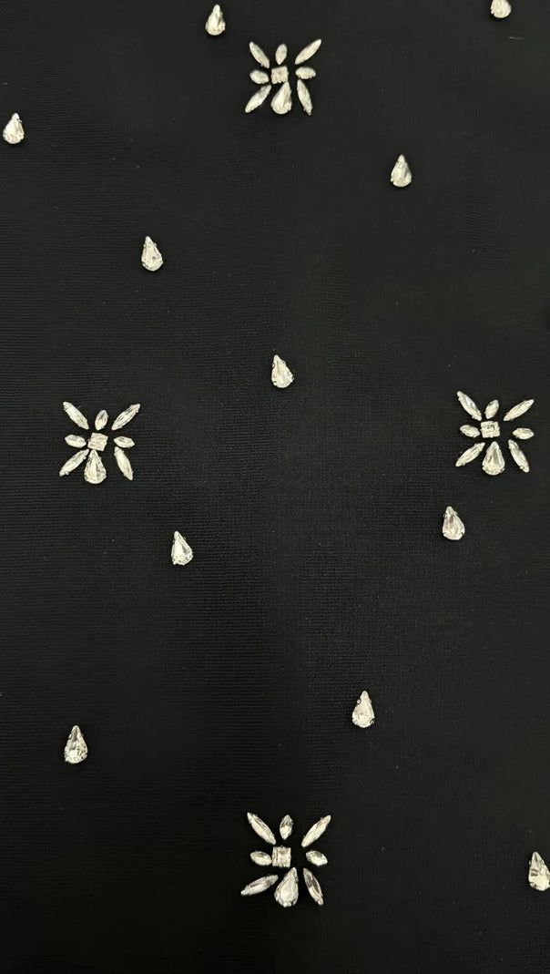 AIIZIE DRAPED BARDOT CRYSTAL DETAIL MAXI DRESS IN BLACK - product image