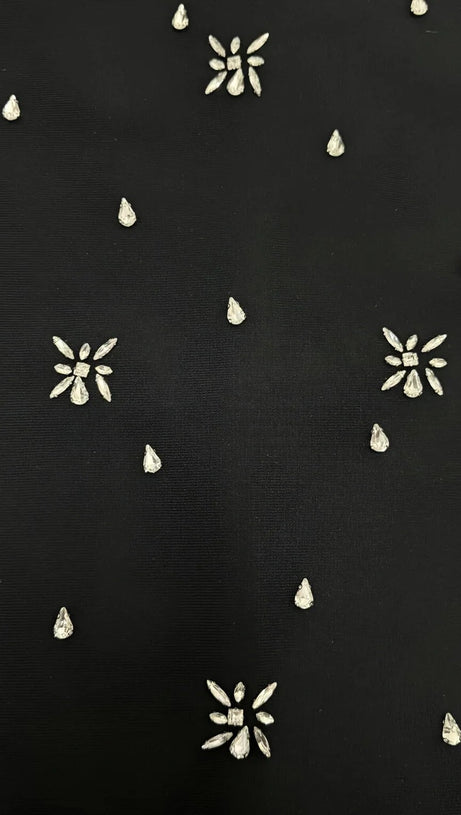 DRAPED BARDOT CRYSTAL DETAIL MAXI DRESS IN BLACK