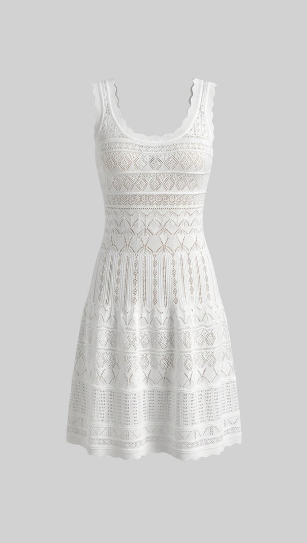 Sleeveless Mini Dress With Scalloped Lace Trim - White