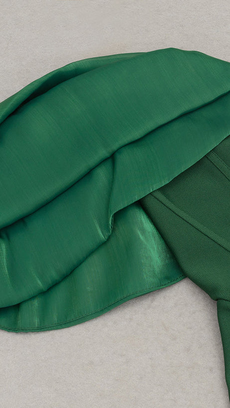 JAMIE GREEN PLEATED SLEEVE TRIM SATIN MAXI DRESS