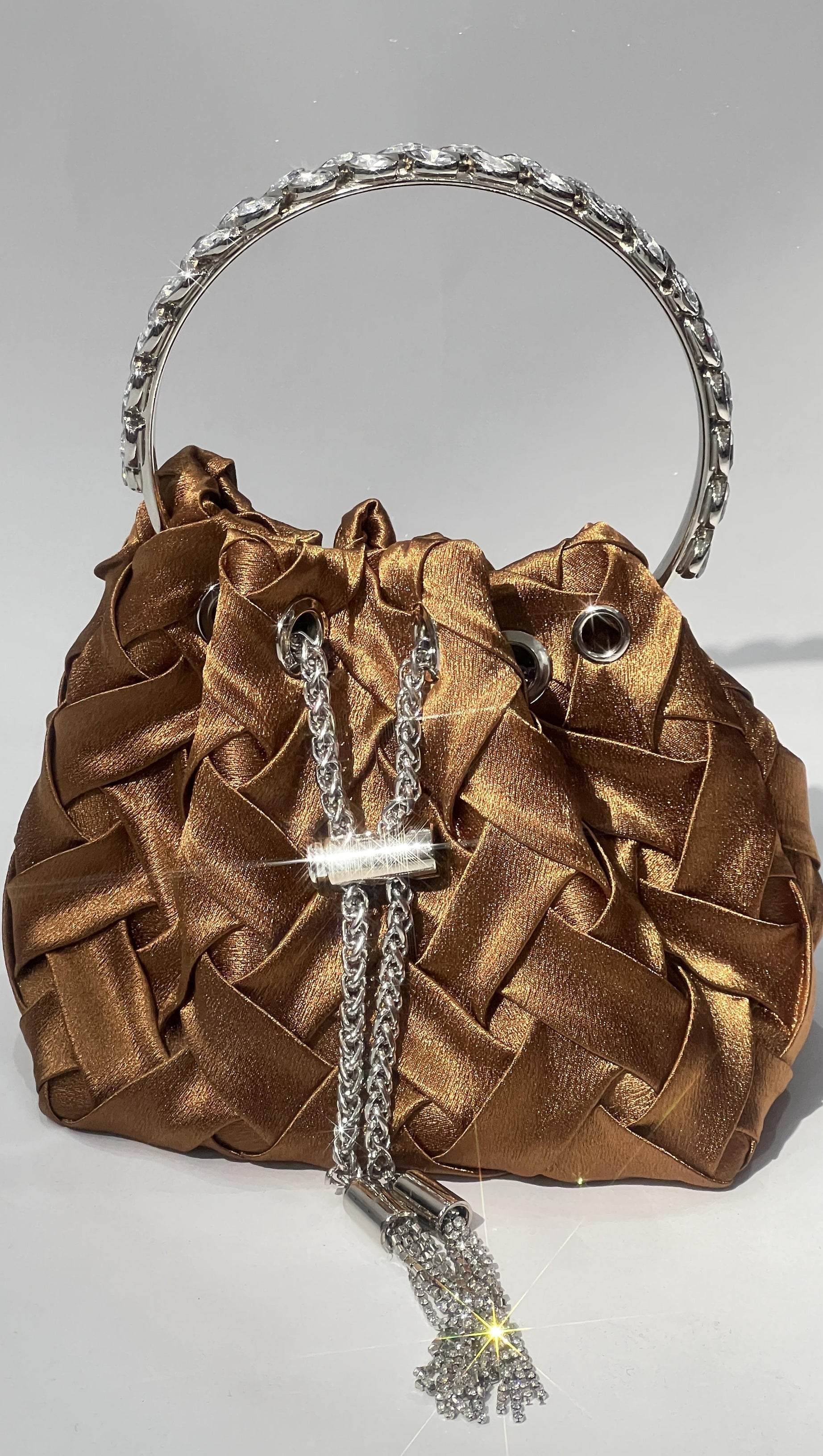 VELVET WEAVE CRYSTAL EMBELLISHED BUCKET BAG IN BROWN