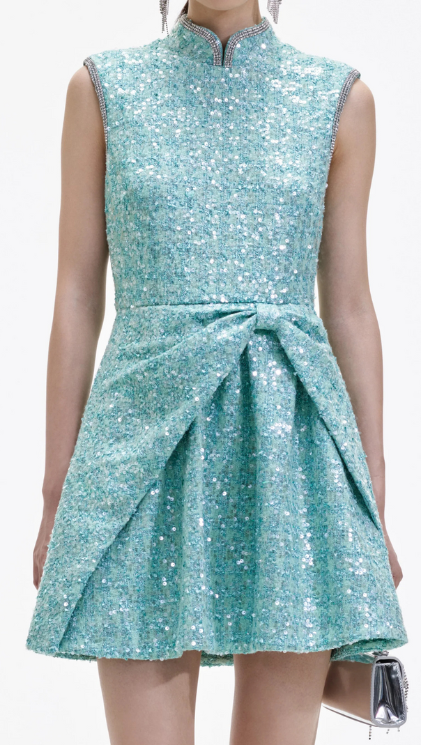AIIZIE BLUE BOUCLE GATHERED MINI DRESS - product image
