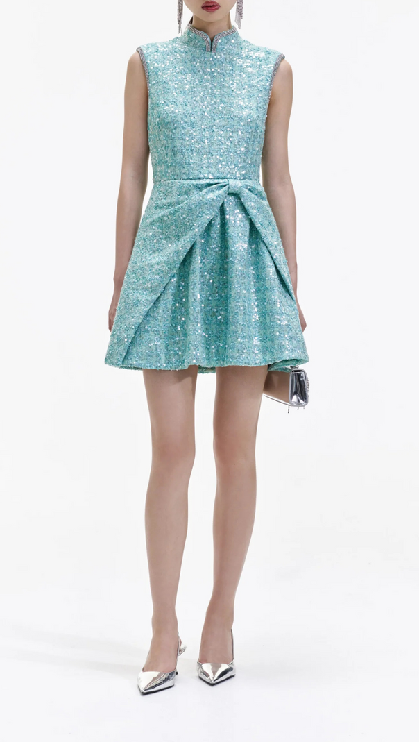 AIIZIE BLUE BOUCLE GATHERED MINI DRESS - product image