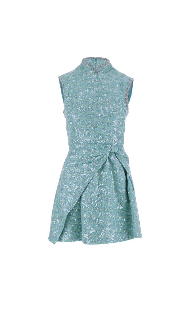 BLUE BOUCLE GATHERED MINI DRESS