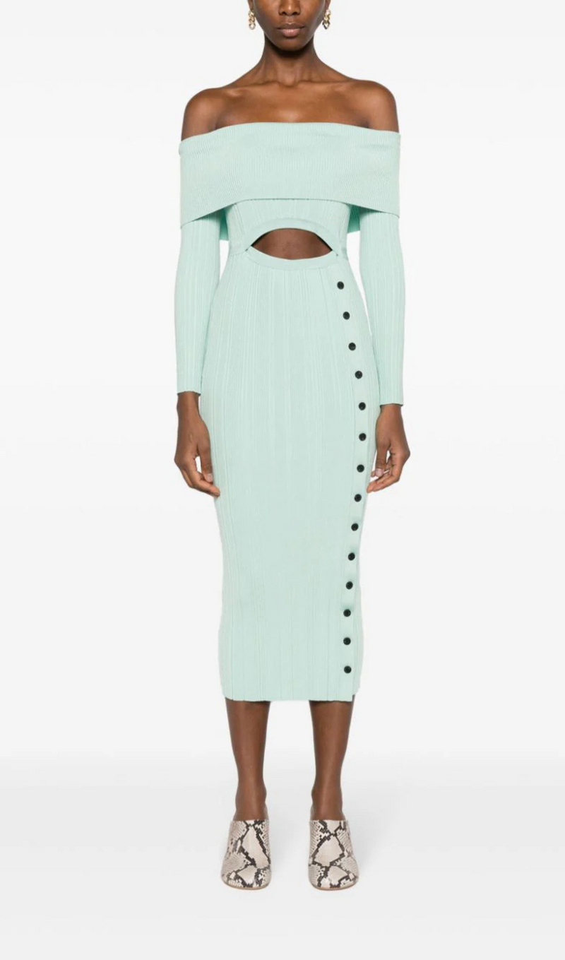 MINT OFF SHOULDER KNIT MIDI DRESS