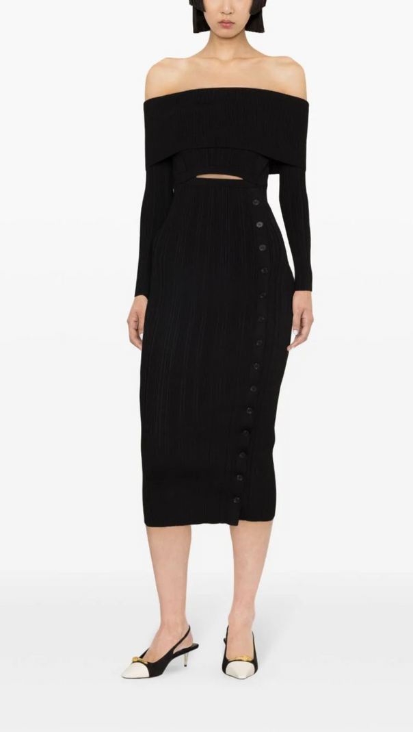 AIIZIE BLACK OFF SHOULDER KNIT MIDI DRESS - product image