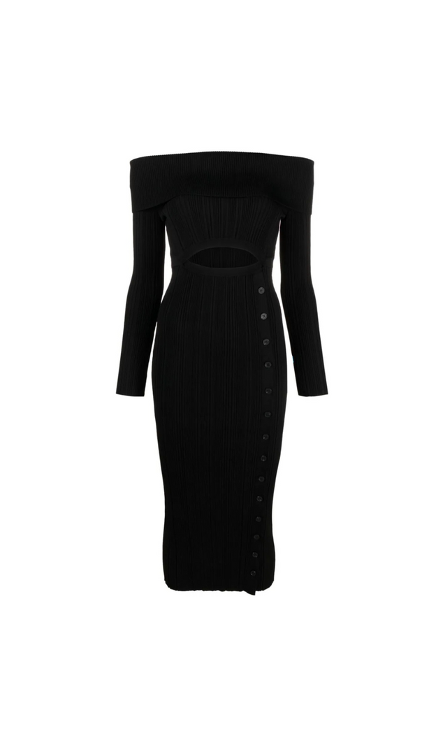 AIIZIE BLACK OFF SHOULDER KNIT MIDI DRESS - product image