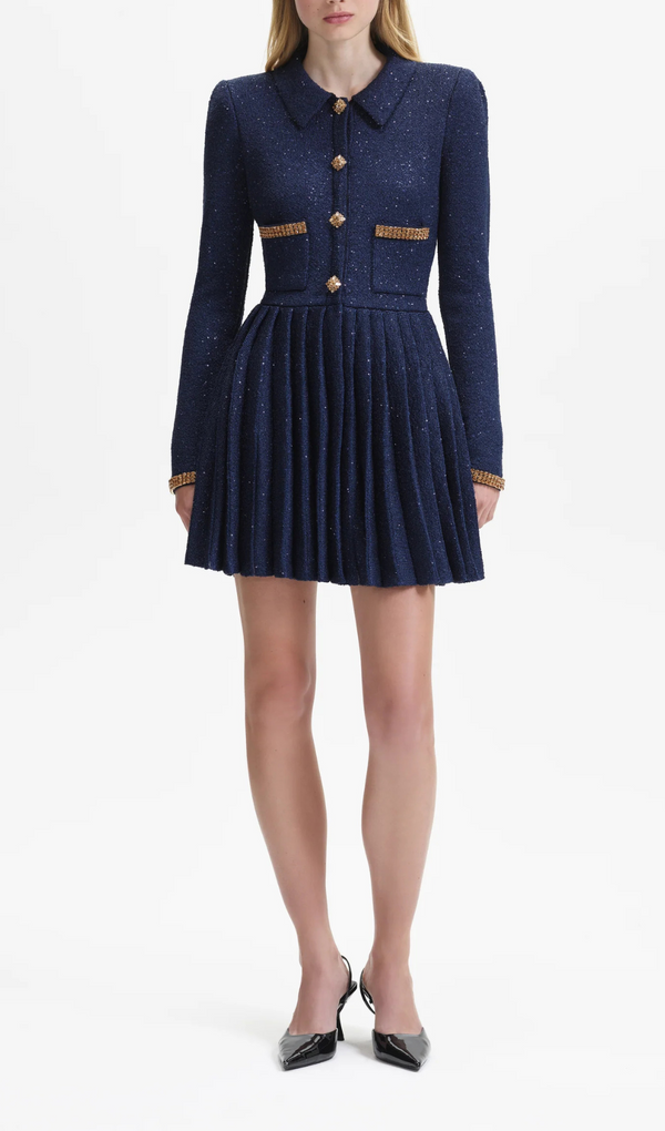 NAVY KNIT COLLAR MINI DRESS