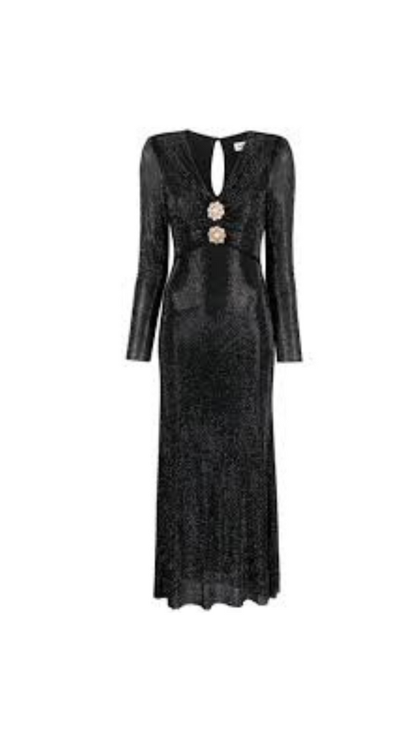 AIIZIE BLACK RHINESTONE MESH V-NECK MIDI DRESS - product image