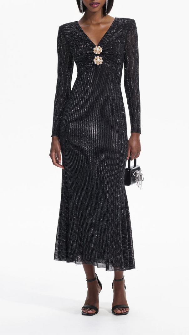 AIIZIE BLACK RHINESTONE MESH V-NECK MIDI DRESS - product image