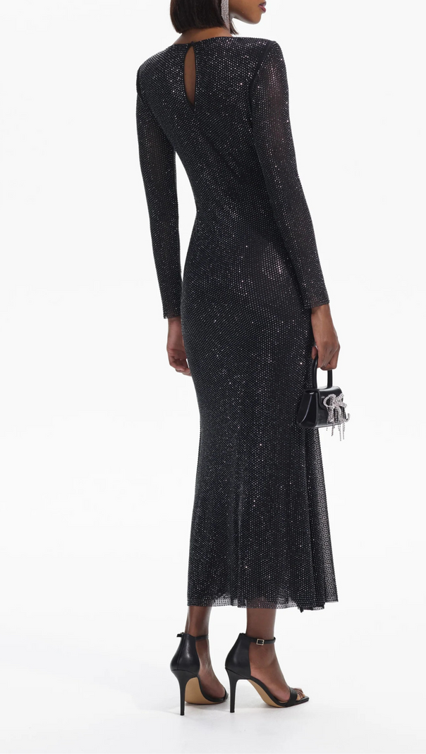 AIIZIE BLACK RHINESTONE MESH V-NECK MIDI DRESS - product image