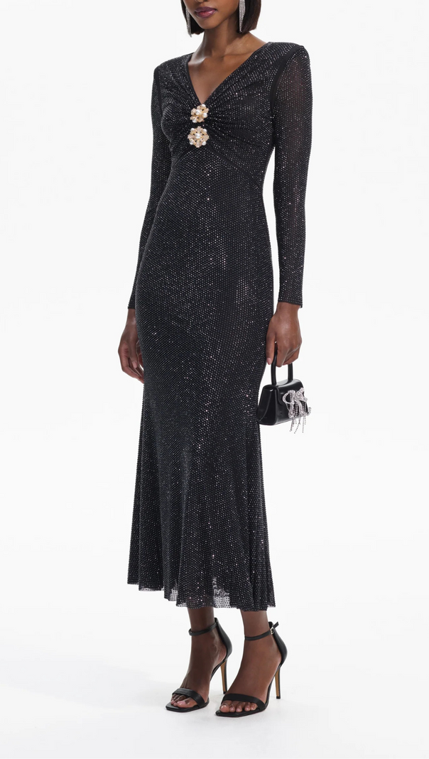 AIIZIE BLACK RHINESTONE MESH V-NECK MIDI DRESS - product image