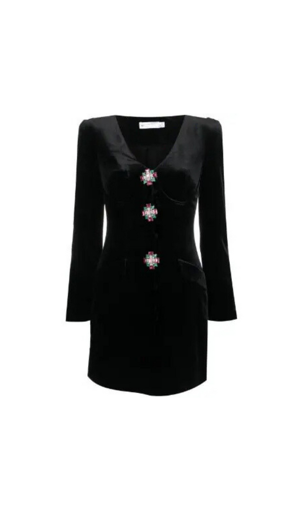 AIIZIE BLACK VELVET V-NECK MINI DRESS - product image