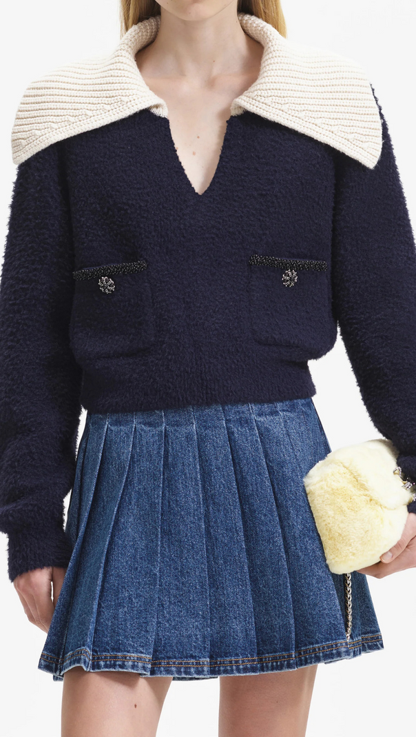 AIIZIE NAVY SOFT KNIT COLLAR TOP - product image