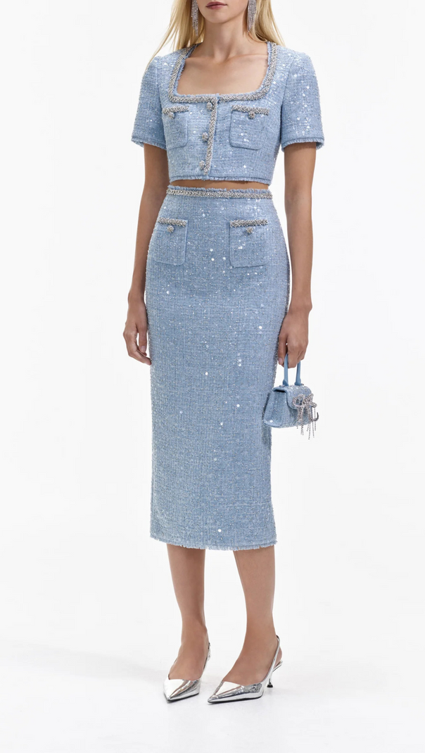 AIIZIE BLUE SEQUIN BOUCLE CROP TOP - product image