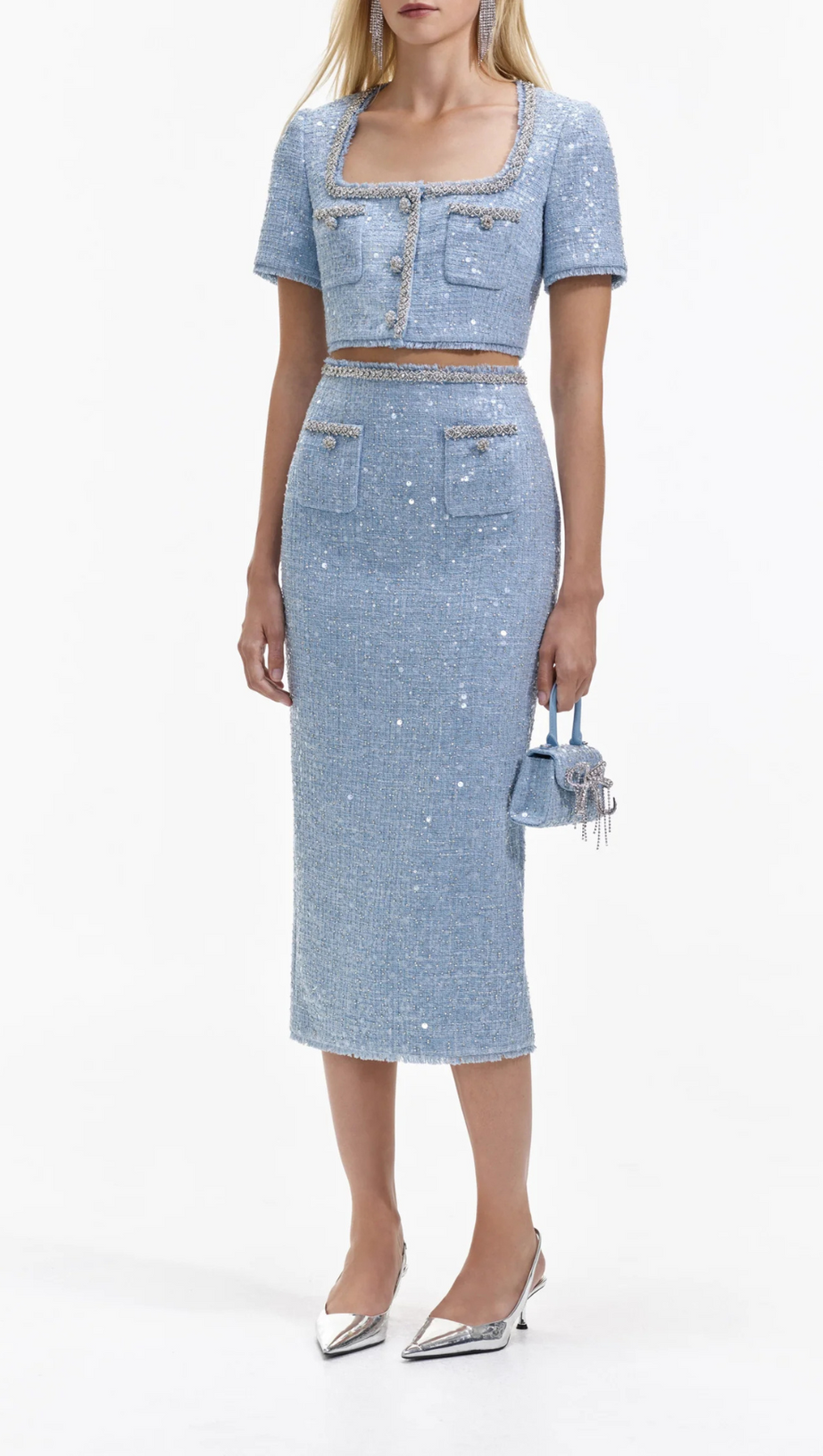 BLUE SEQUIN BOUCLE CROP TOP