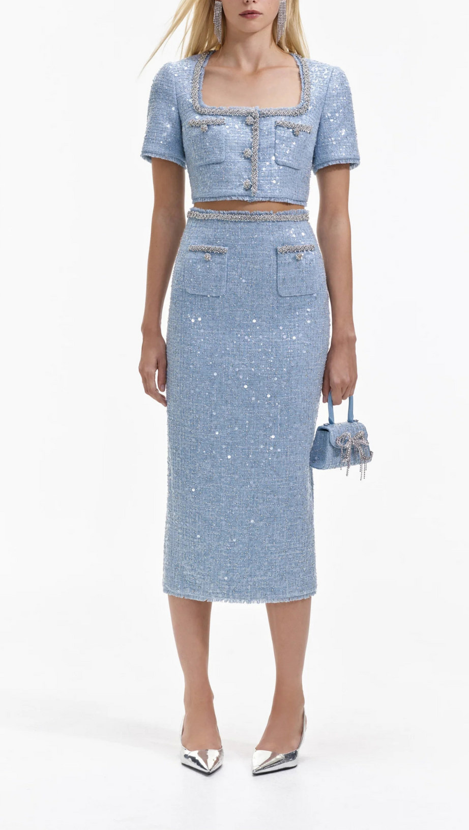 BLUE SEQUIN BOUCLE CROP TOP