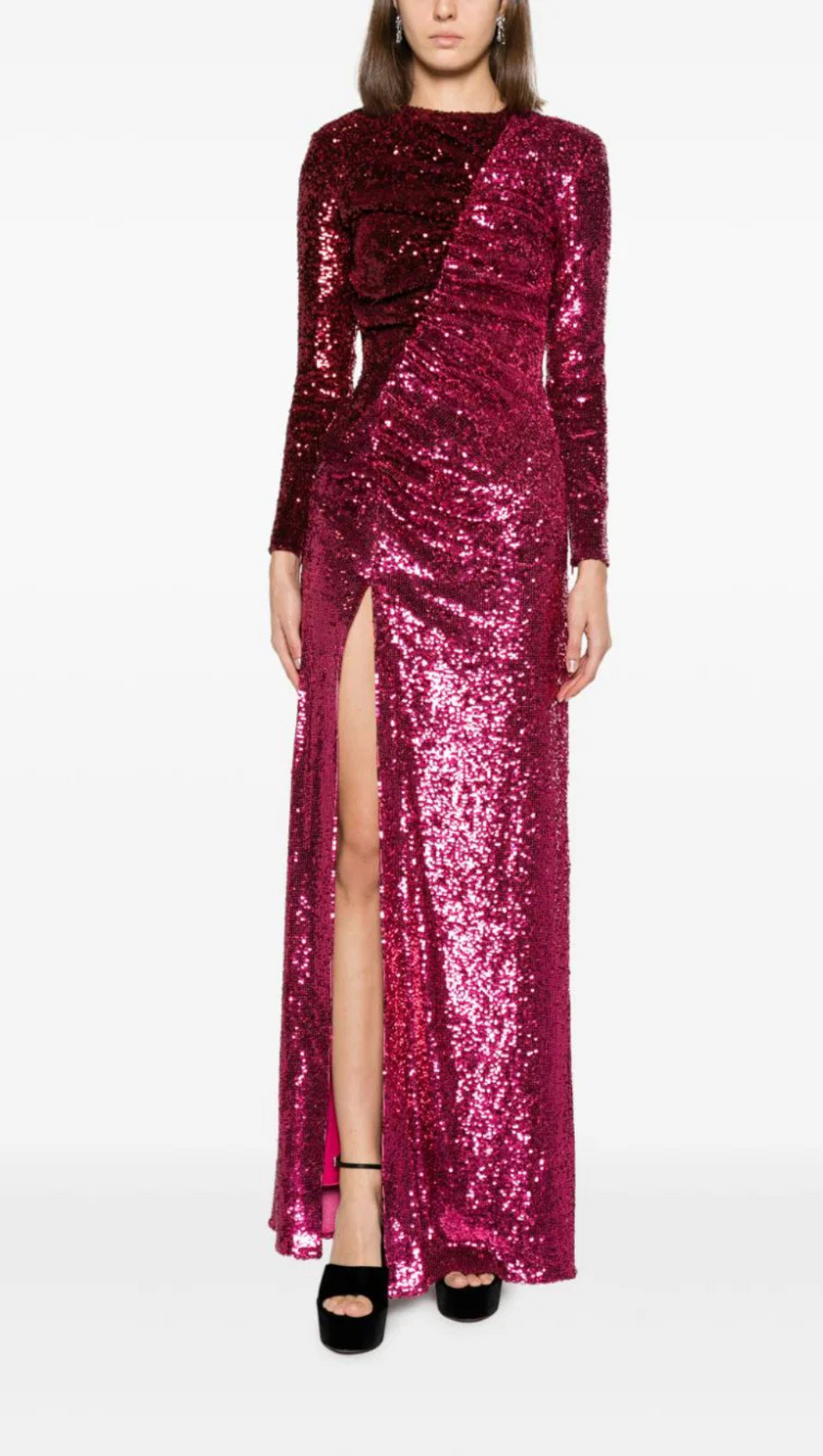 ABITO LUNGO CON PAILLETTES E RUCHES BORDEAUX