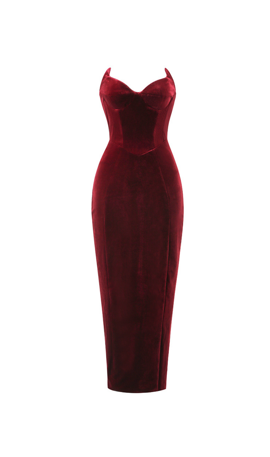 ABITO MIDI IN VELLUTO SENZA SPALLINE BORDEAUX