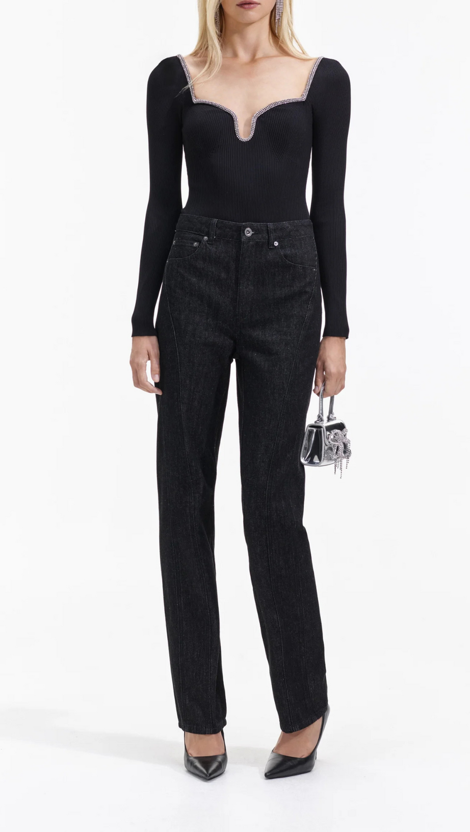 BLACK KNIT DIAMANTE TRIM TOP