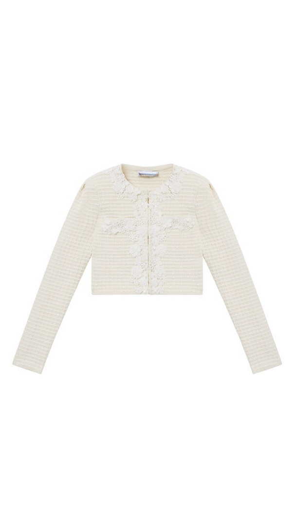 AIIZIE CREAM KNIT FLORAL TRIM CARDIGAN - product image