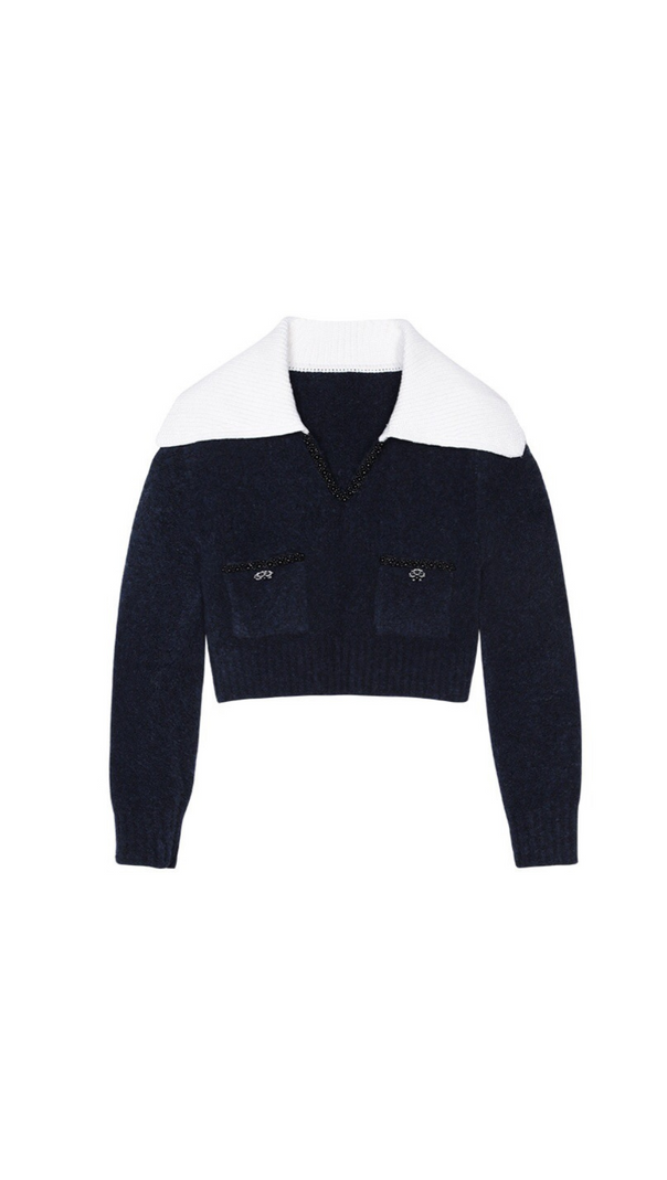 AIIZIE NAVY SOFT KNIT COLLAR TOP - product image