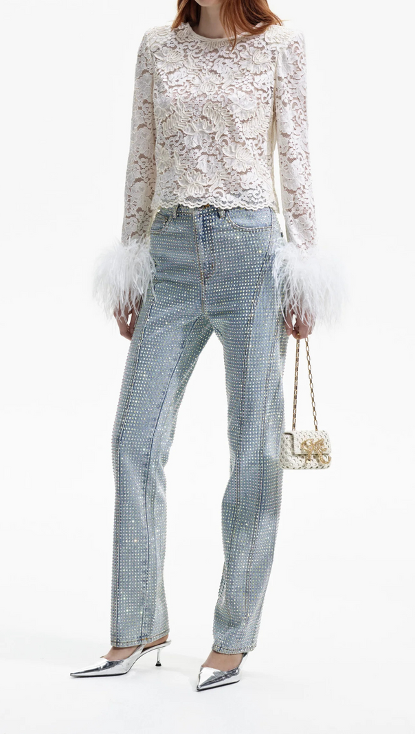 AIIZIE CREAM CORD LACE FEATHER TOP - product image
