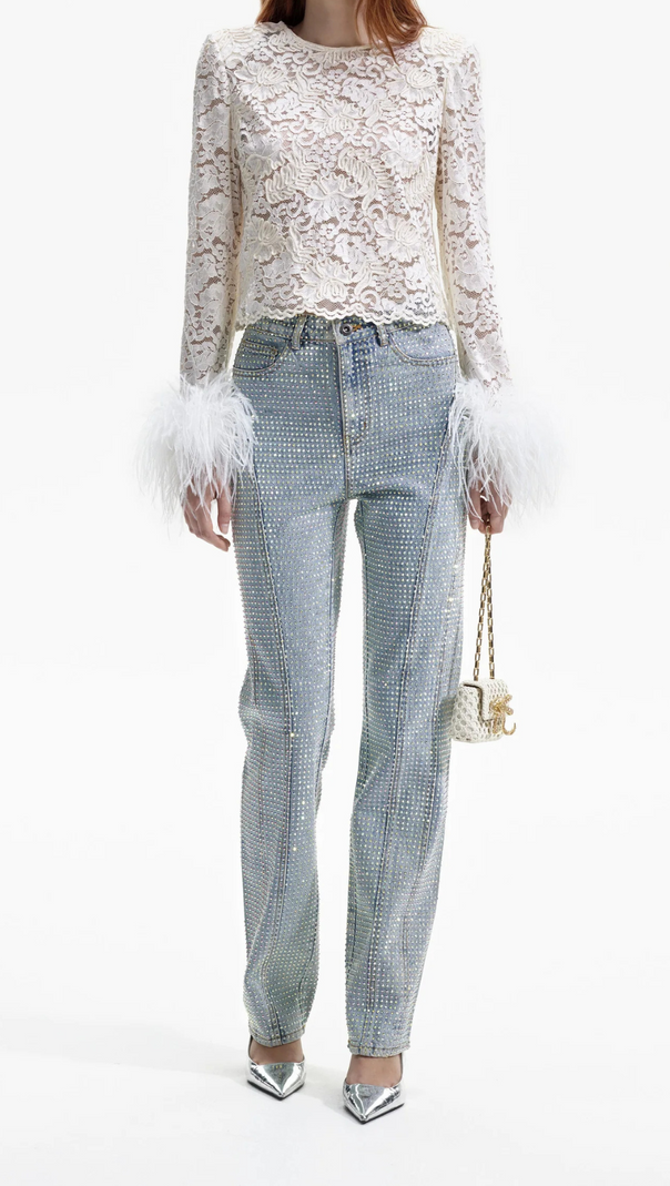 AIIZIE CREAM CORD LACE FEATHER TOP - product image