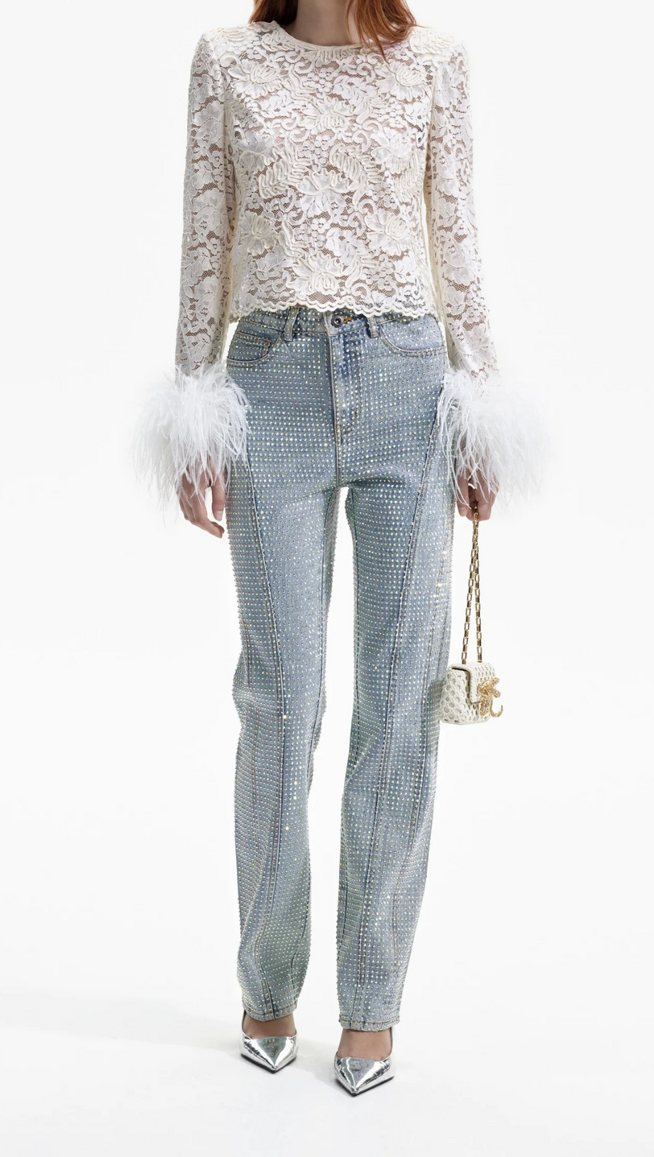 Cremefarbenes Top mit Cord-Spitze und Federn 