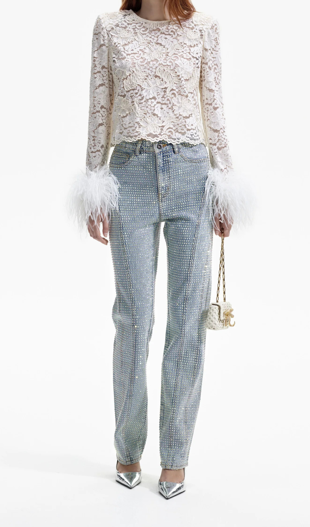 Cremefarbenes Top mit Cord-Spitze und Federn 