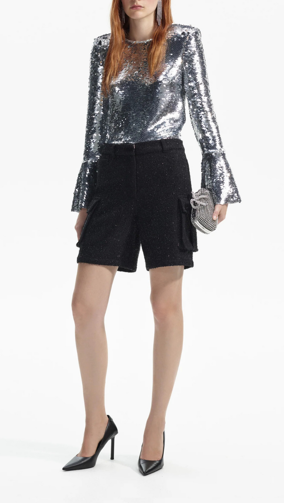 SILVER SEQUIN FLARED SLEEVE TOP