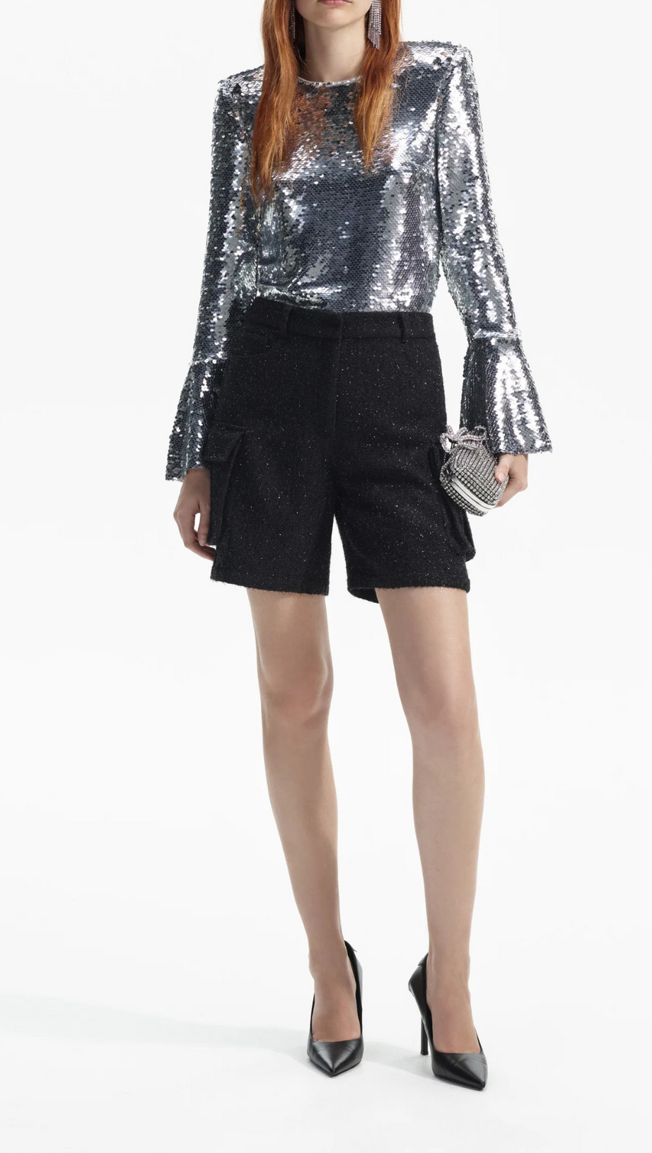 SILVER SEQUIN FLARED SLEEVE TOP