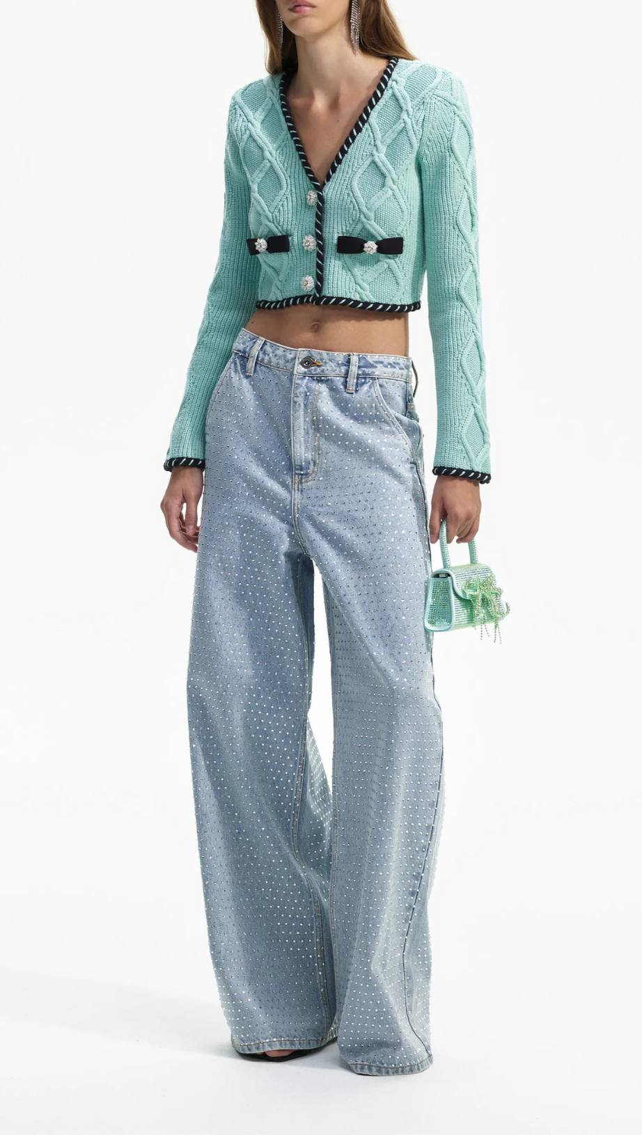 CARDIGAN CORTO IN MAGLIA A TRECCE MENTA 